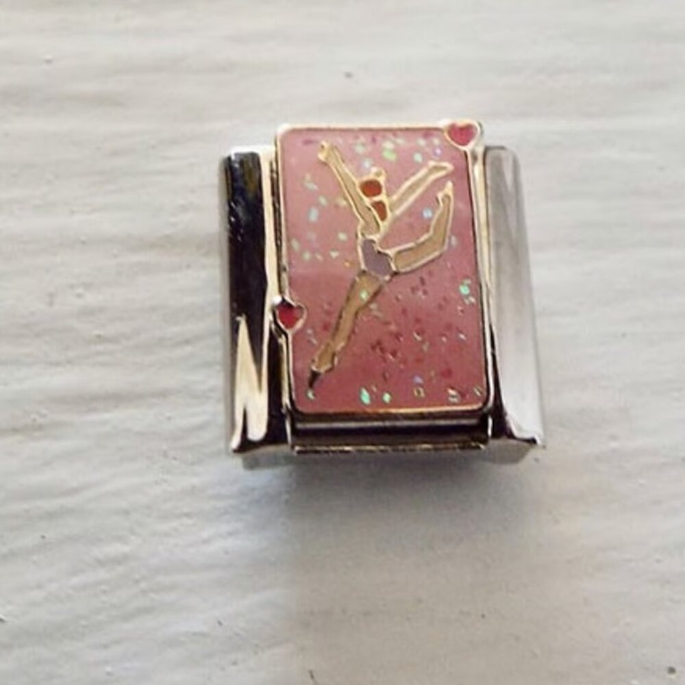 Gymnast on sparkly pink enamel 9mm stainless steel italian charm link new